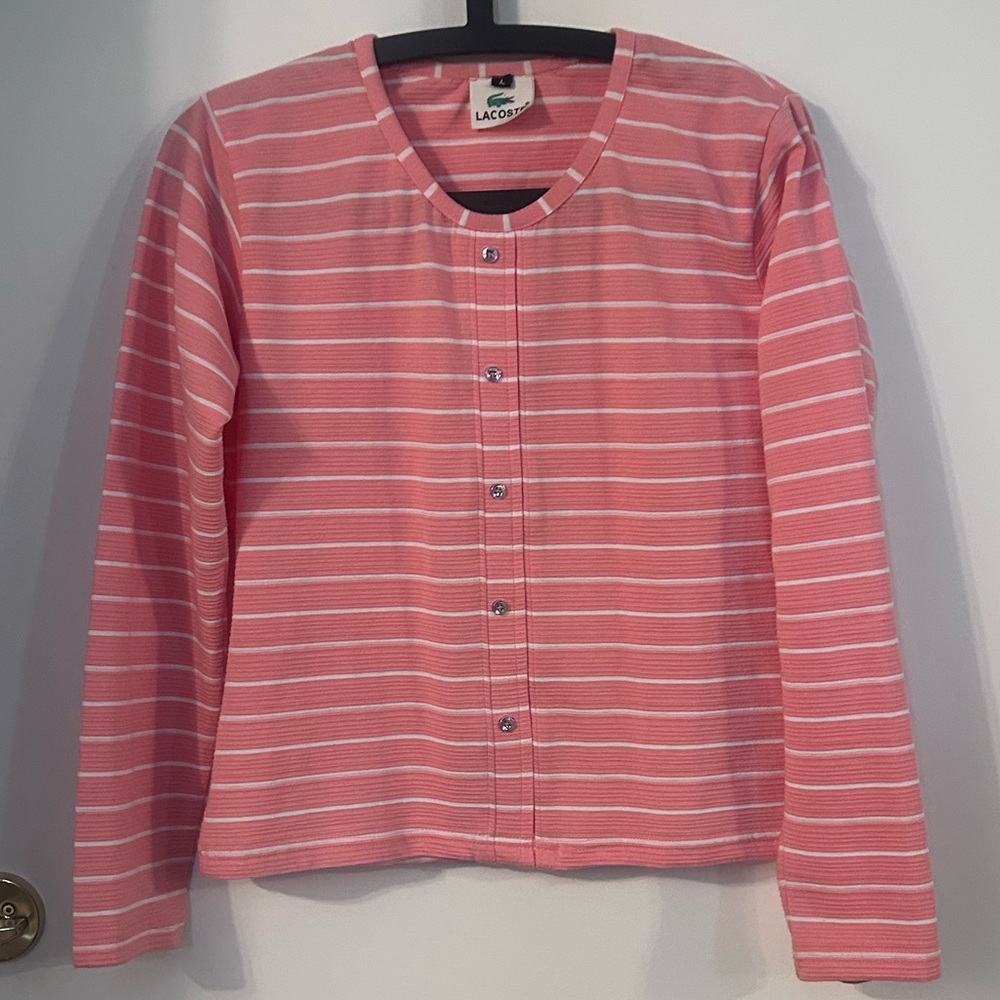 Lacoste Pink and White Striped Button-Front Long Sleeve Top